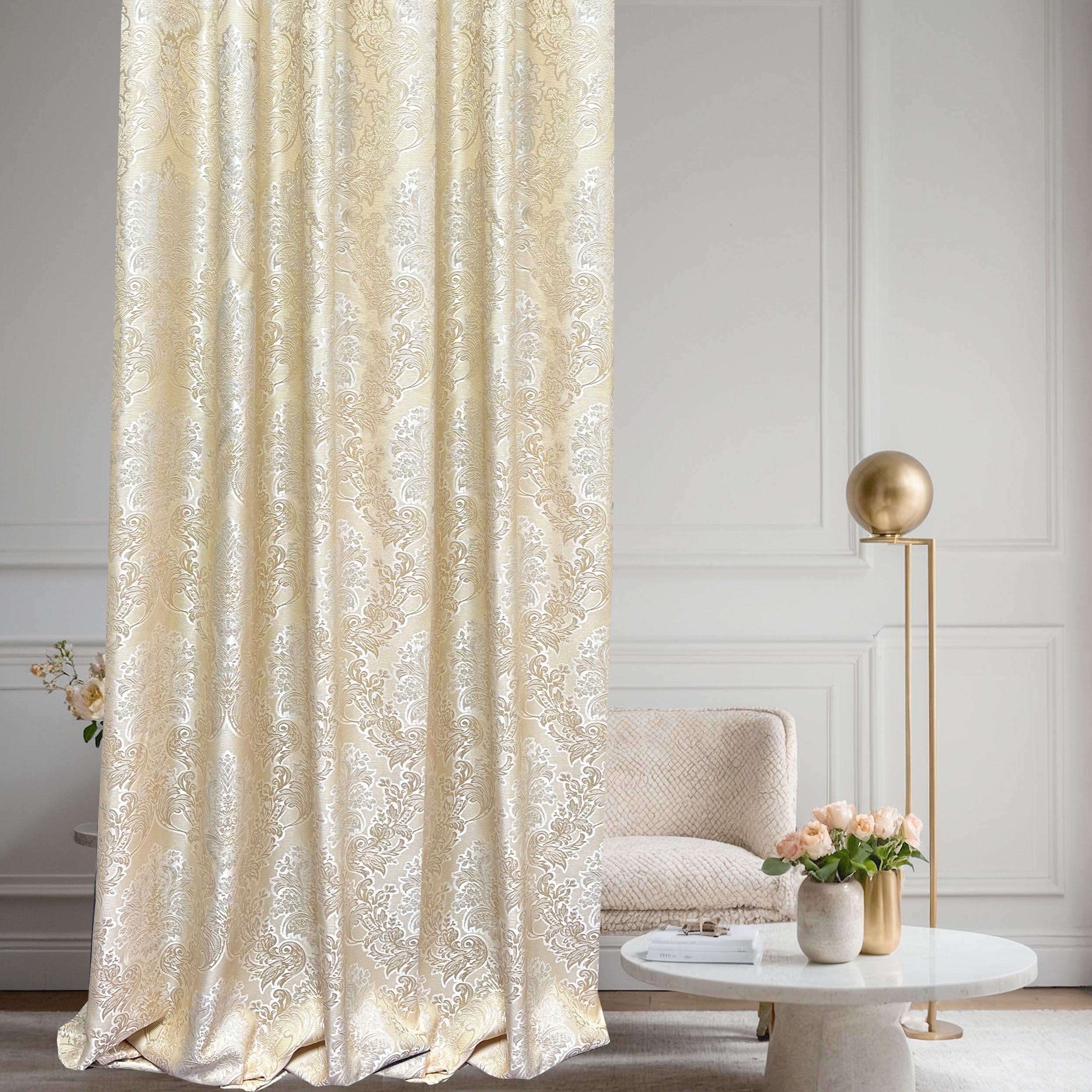 Ivory Gold Floral Damask Curtain Panel with Elegant Jacquard Scroll Pattern