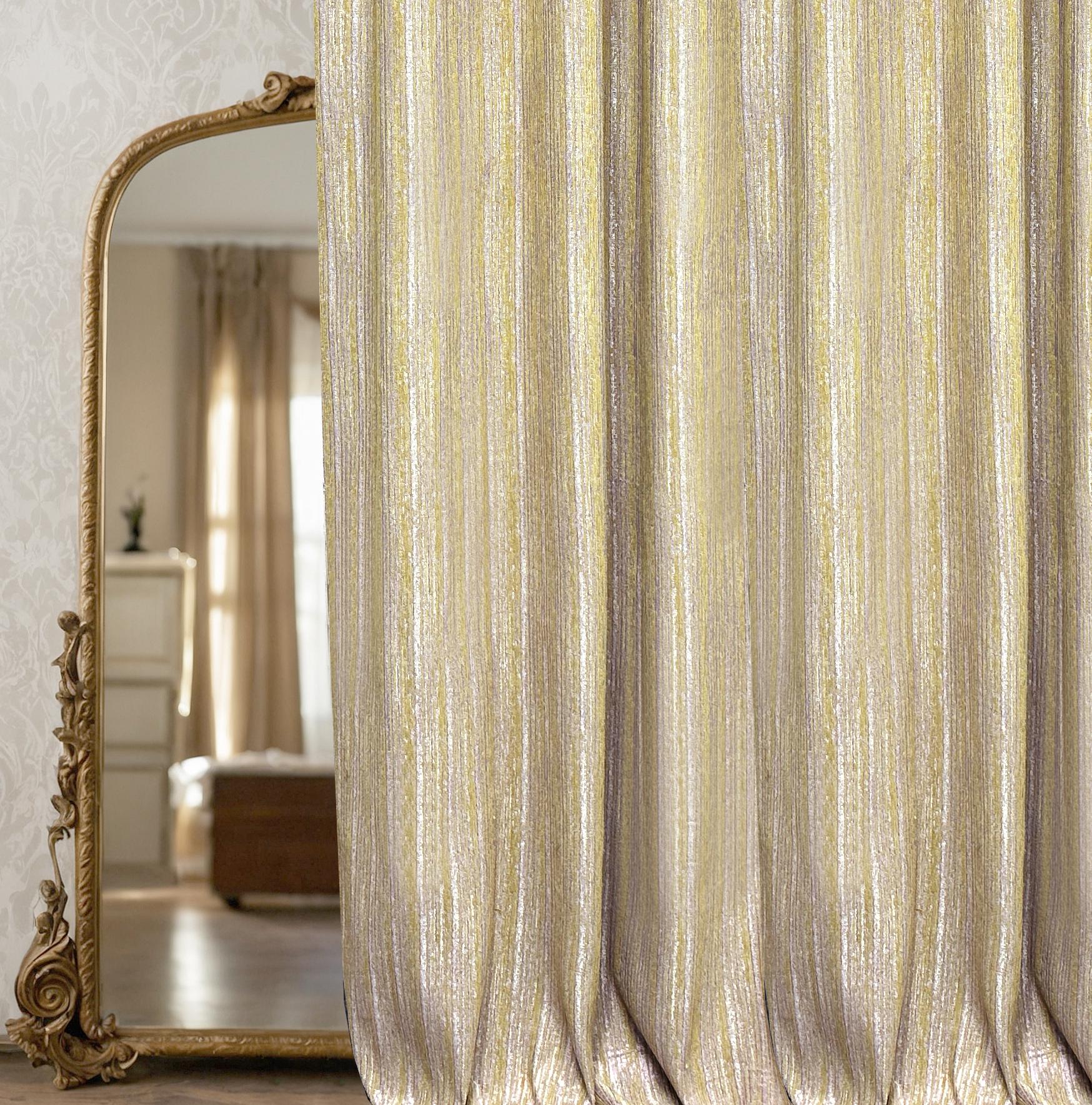 Light Green Gold Textured Sheer Curtain Panel with Vertical Metallic Stripe Design