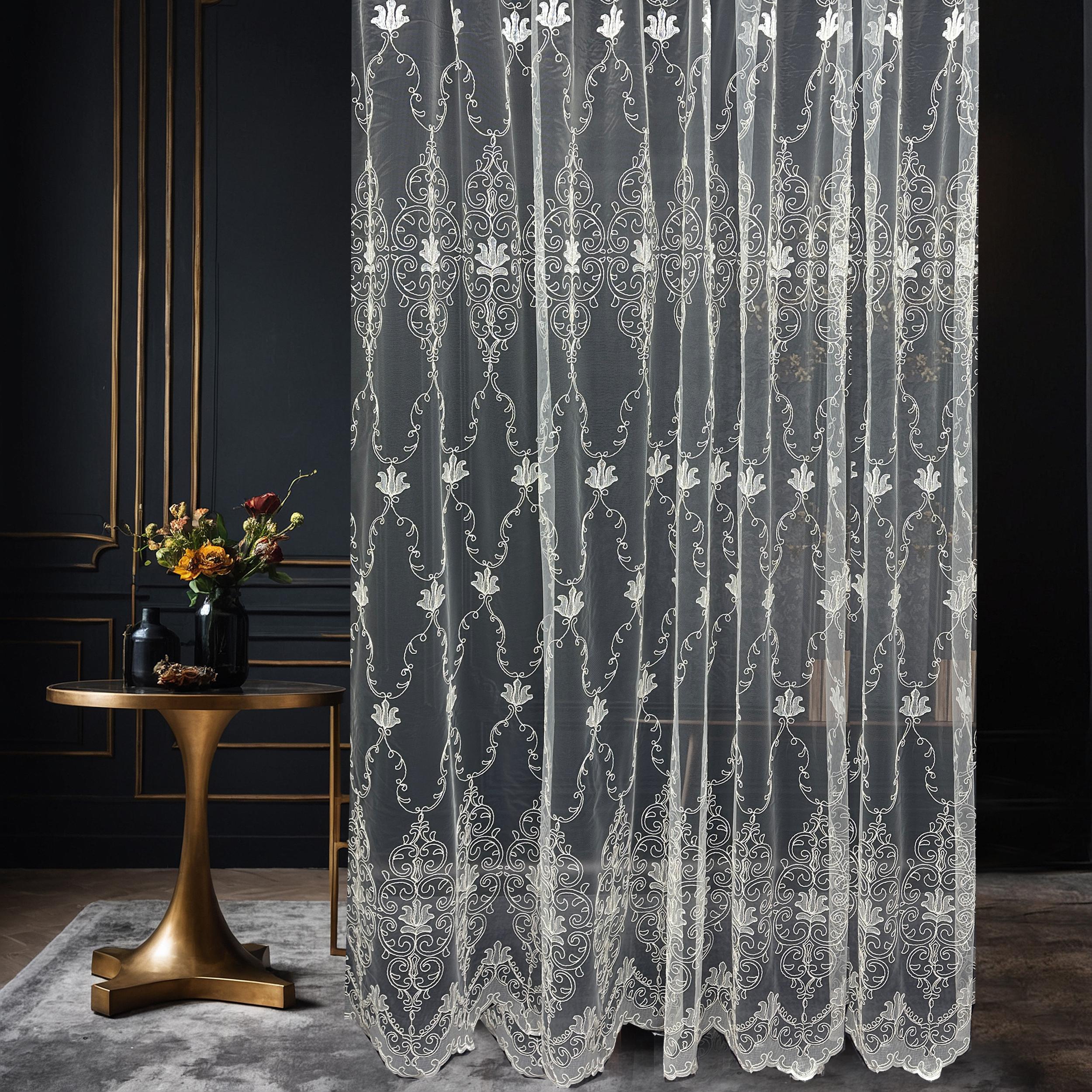 Elegant White Embroidered Sheer Lace Curtain Panel with Ornate Scroll and Leaf Design