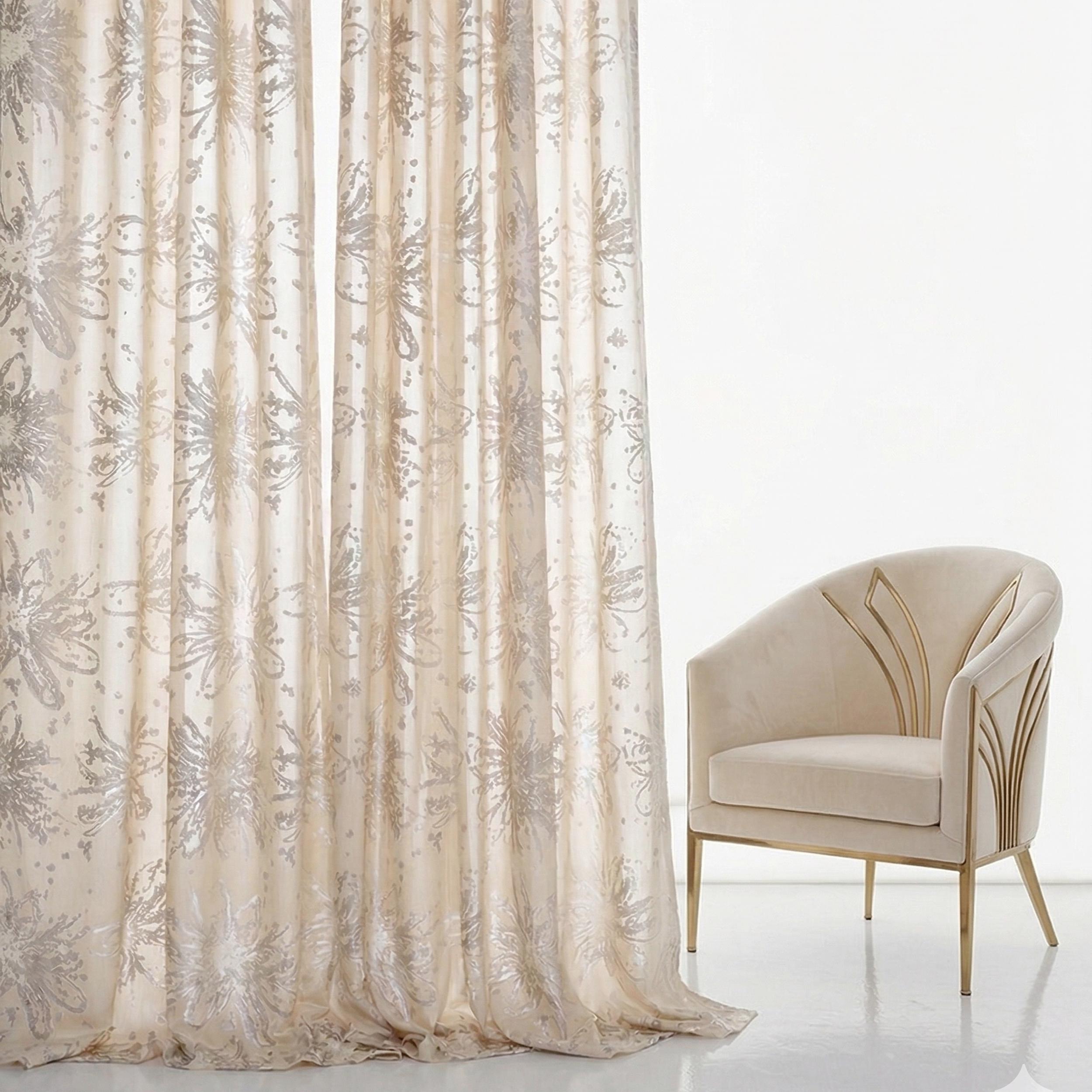 Ivory Beige Embroidered Sheer Curtain Panel with Silver Floral Medallion Pattern