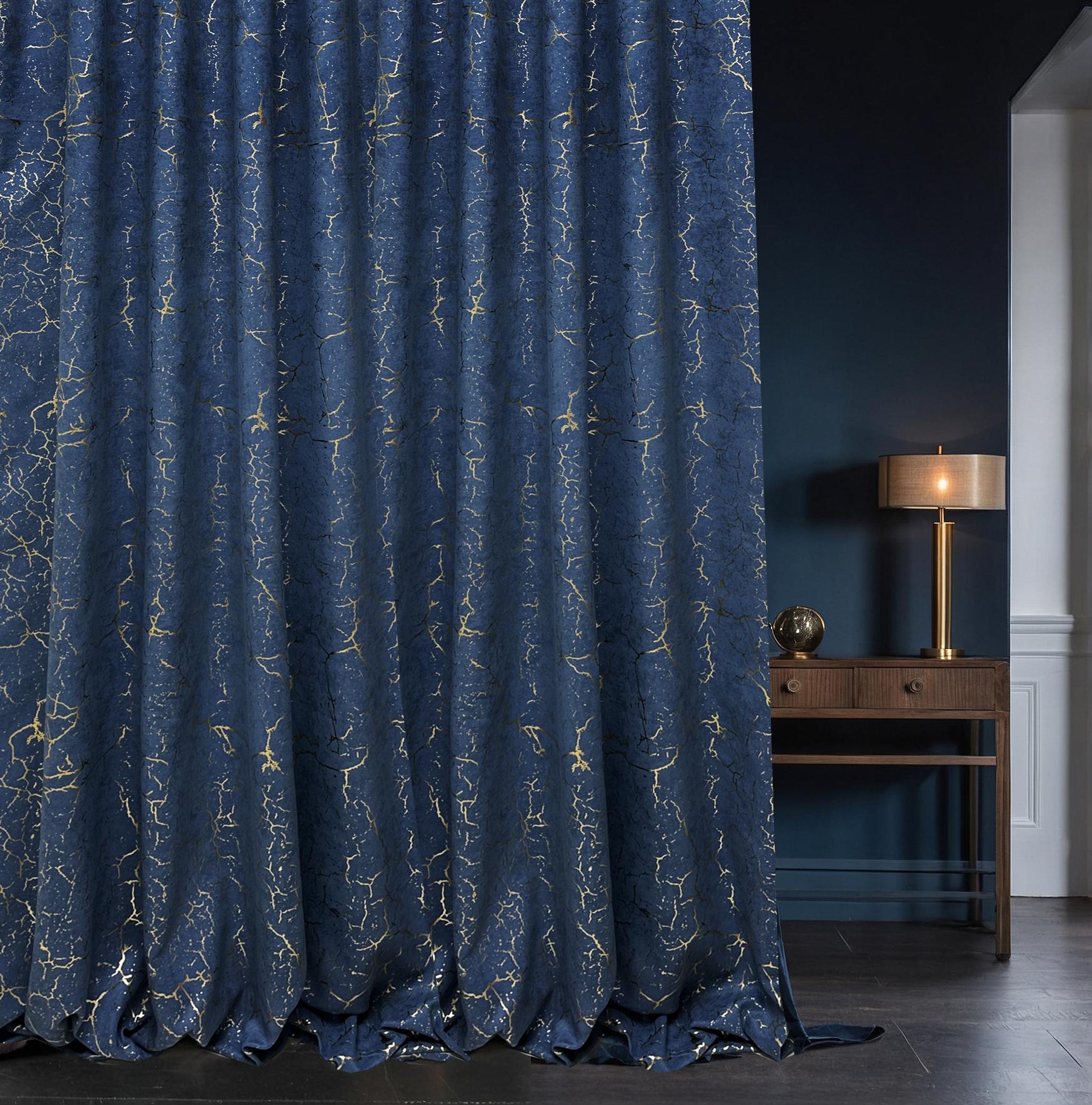 Navy Blue Crackle Pattern Curtain Panel with Gold Marble Line Design