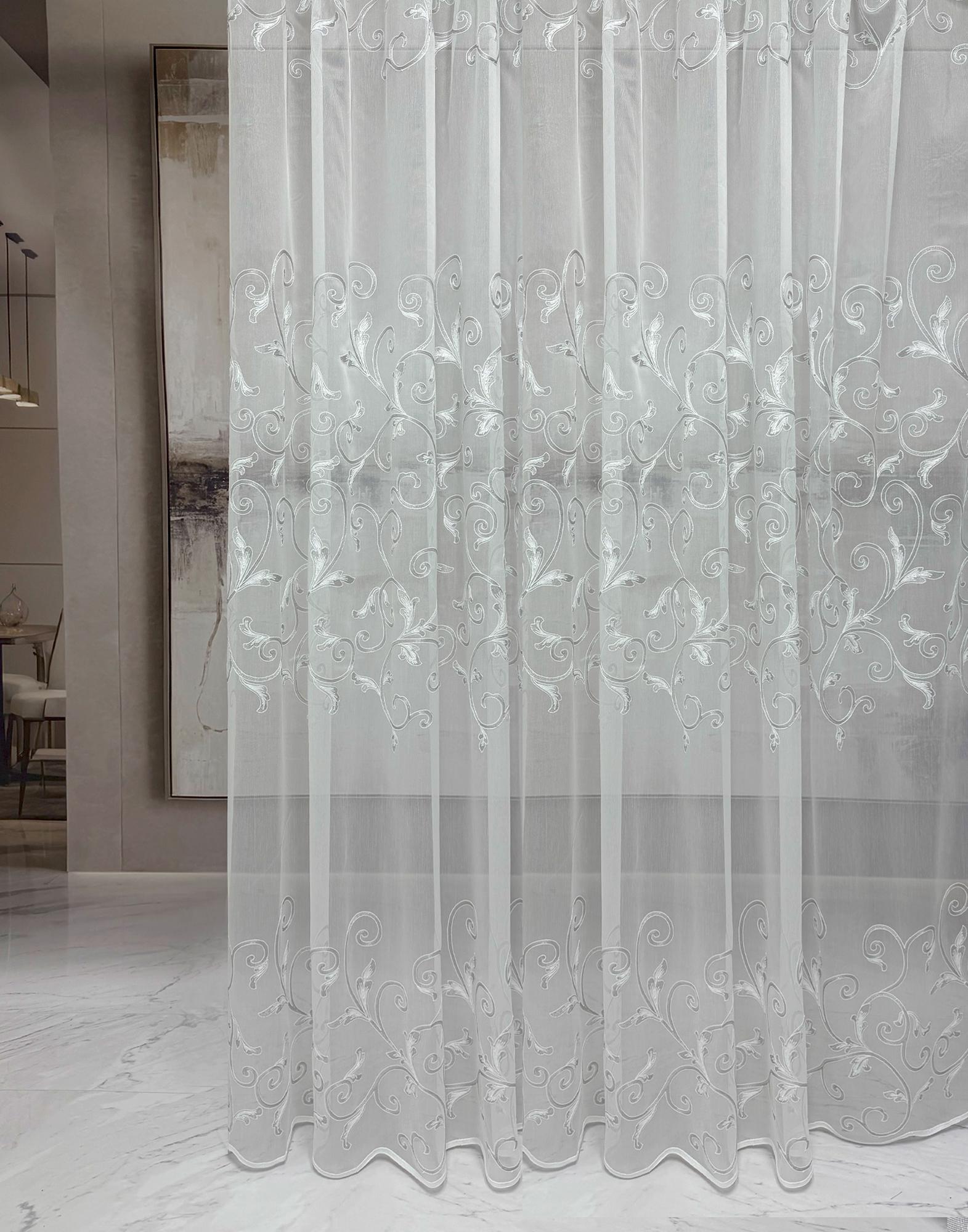 White Embroidered Sheer Curtain Panel with Elegant Floral Scroll Design