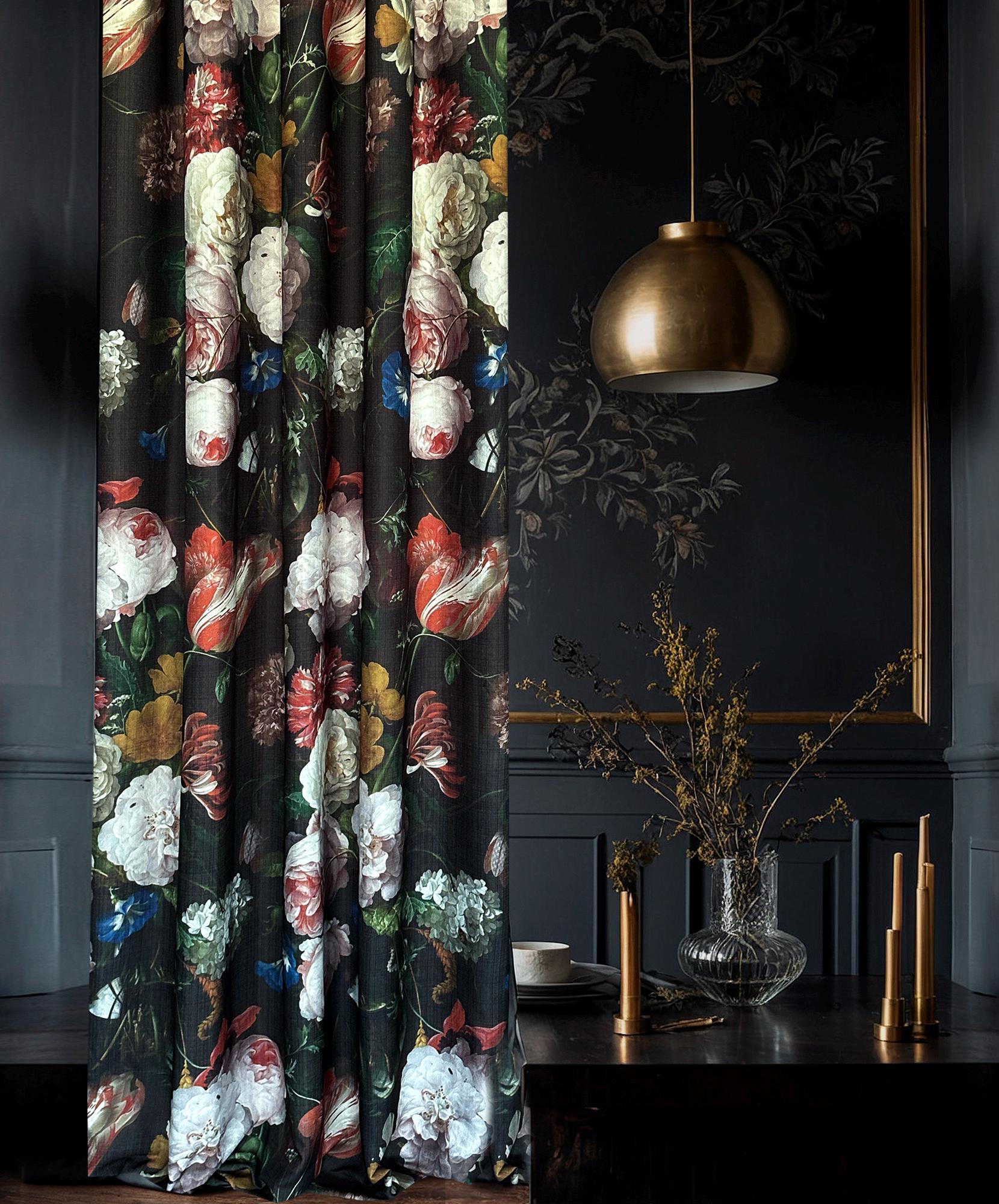Dark Floral Printed Curtain Panel with Vintage Botanical Garden Design