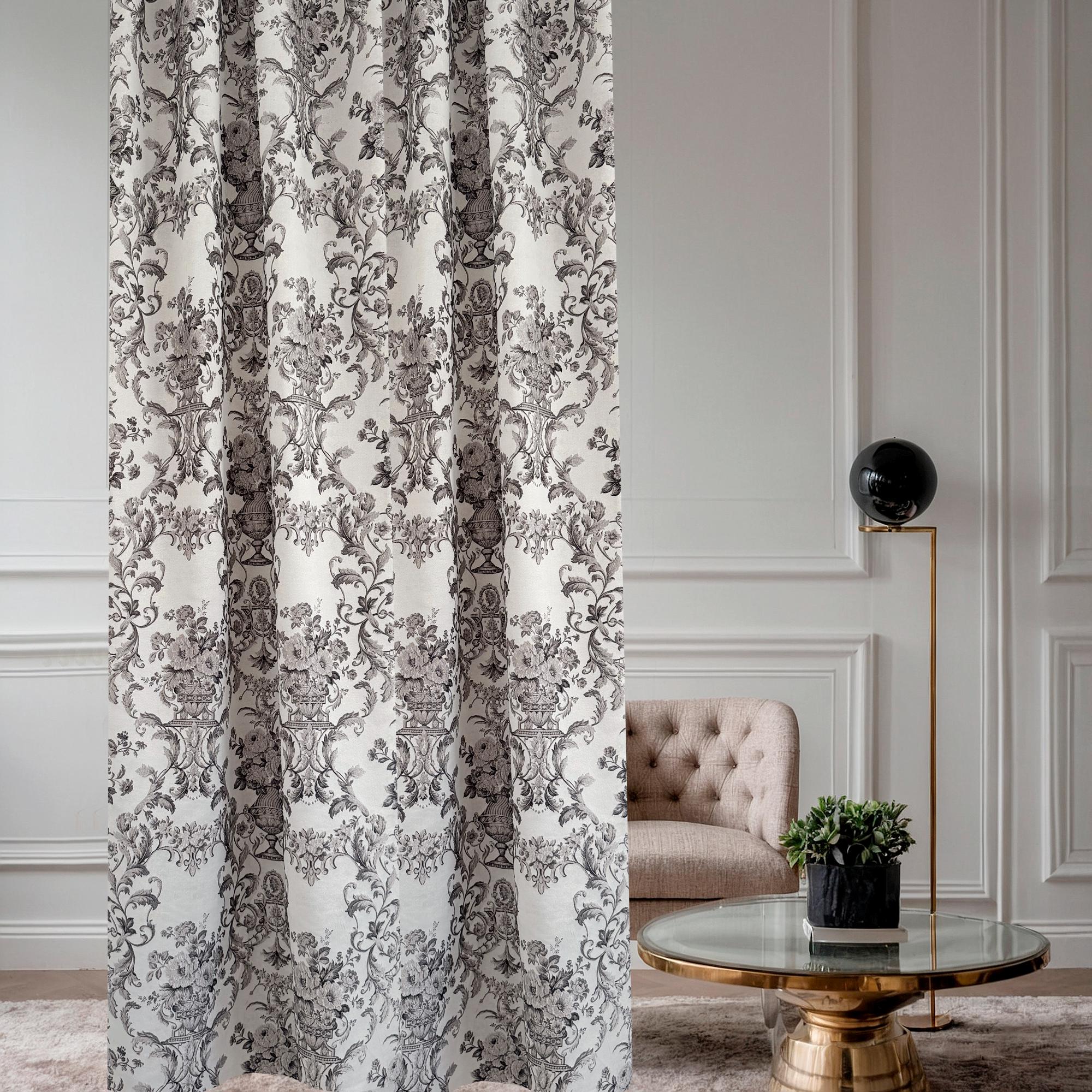 Elegant White and Gray Floral Damask Sheer Curtain Panel with Vintage Scroll Pattern