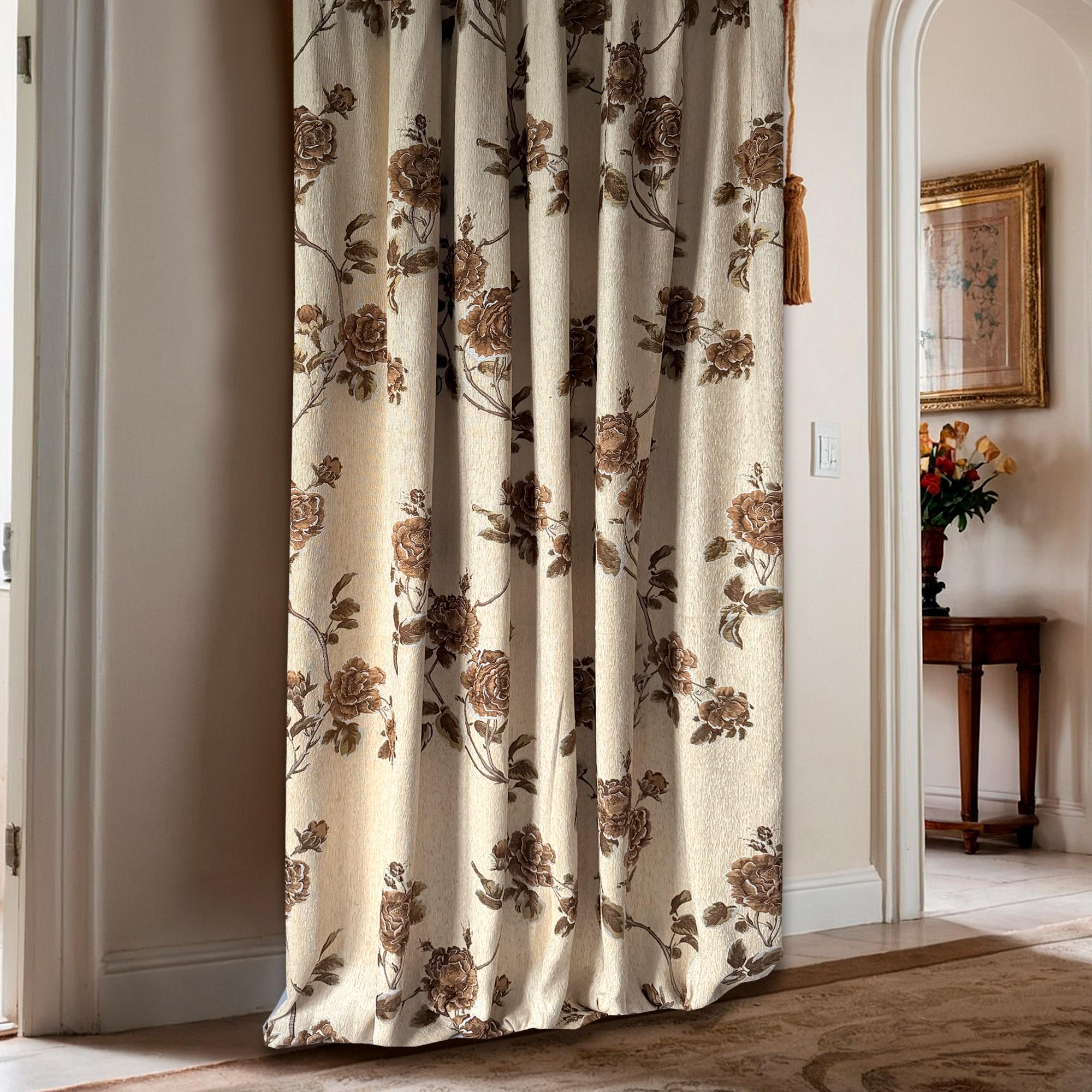 Ivory Beige Rose Floral Curtain Panel with Vintage Botanical Print