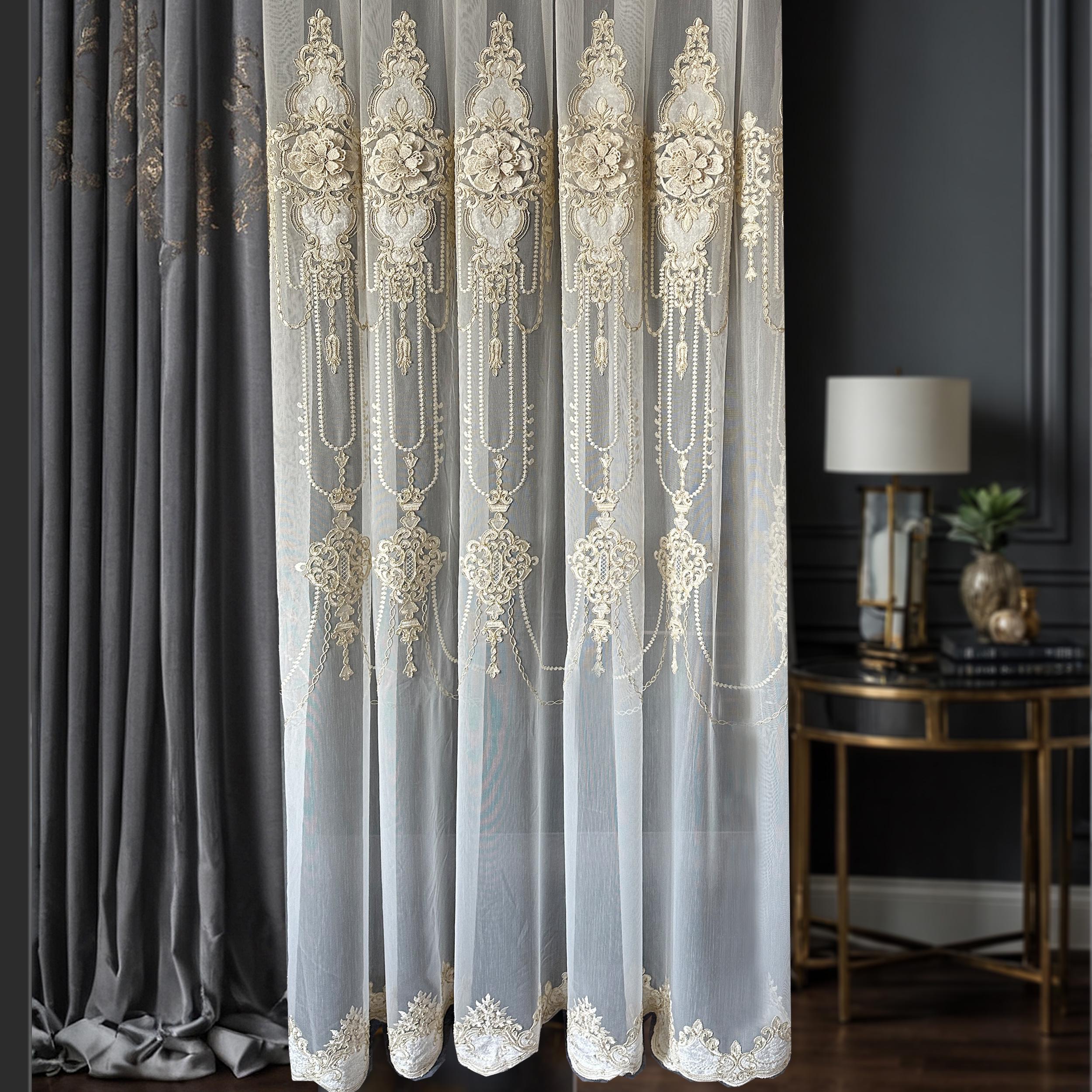 Elegant White Embroidered Sheer Lace Curtain Panel with Floral Medallion and Chain Design