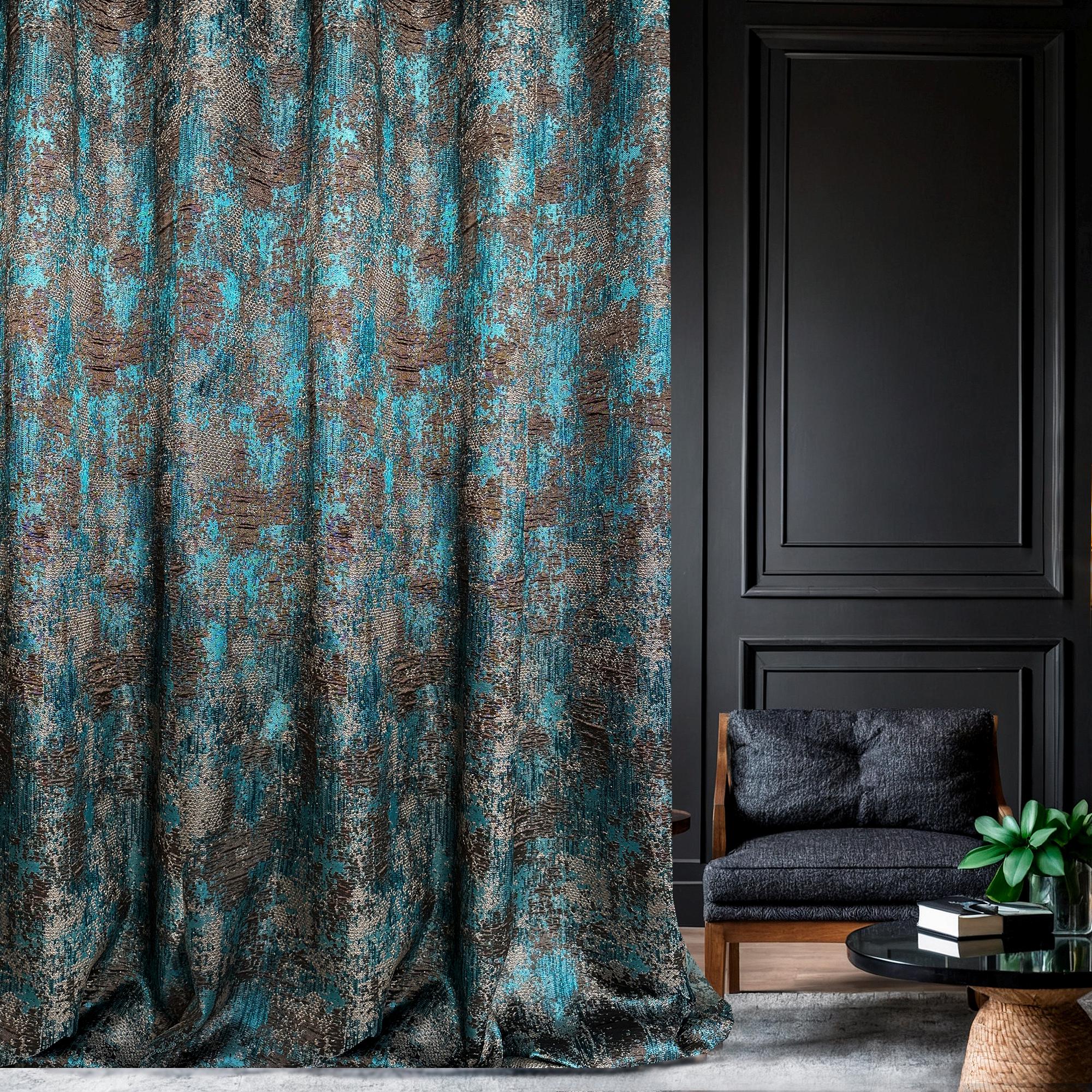 Abstract Teal Blue and Charcoal Gray Textured Curtain Panel with Modern Distressed Pattern
