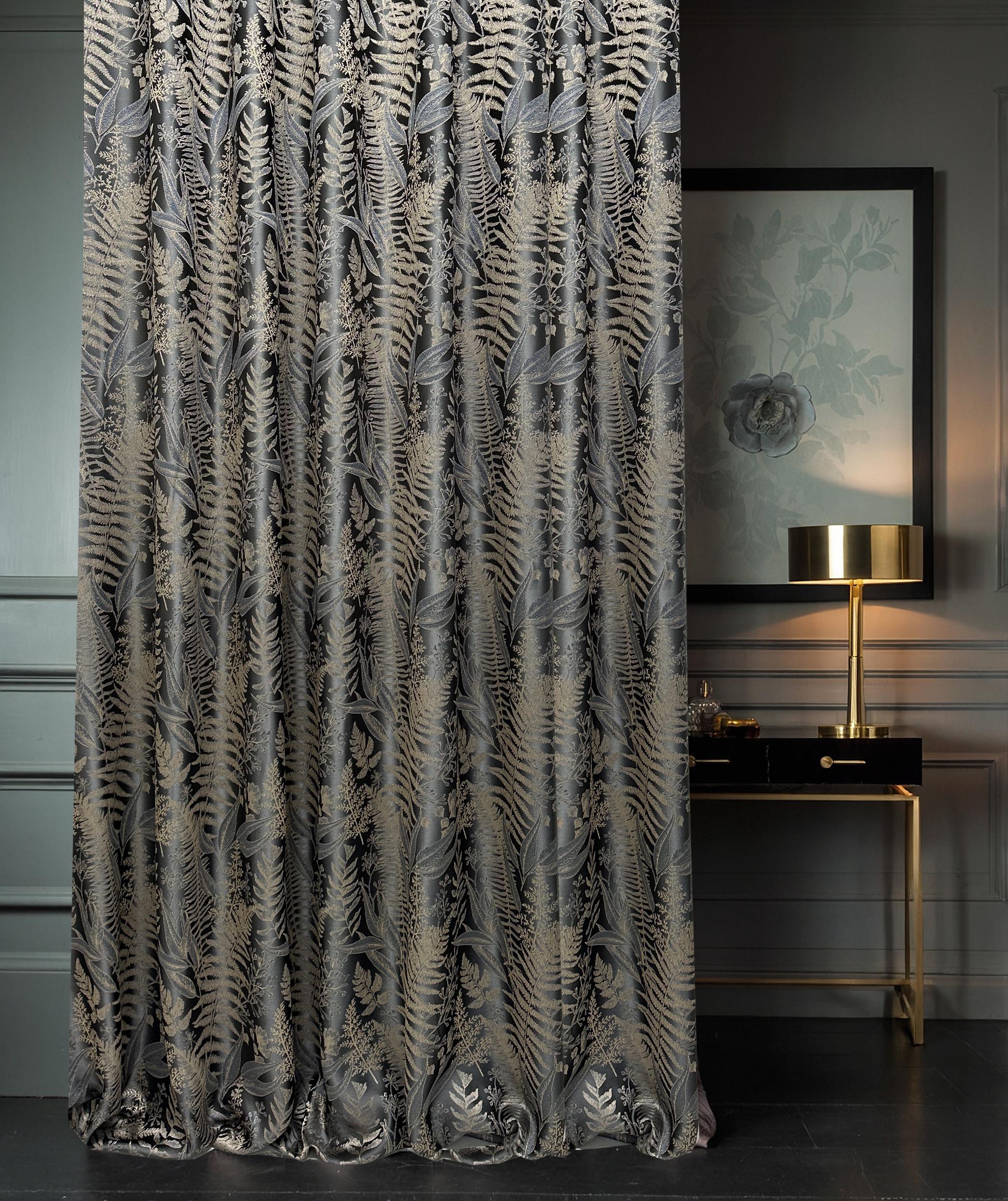 Gray Blue Botanical Sheer Curtain Panel with Fern Leaf Embroidered Pattern
