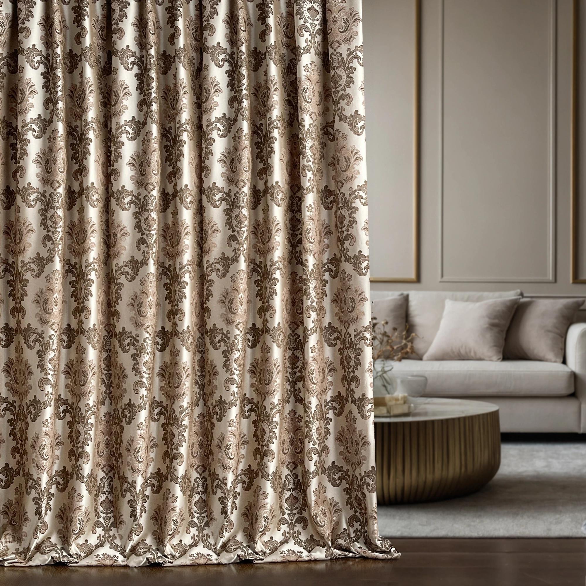 Elegant Ivory and Taupe Damask Curtain Panel with Classic Floral Scroll Pattern