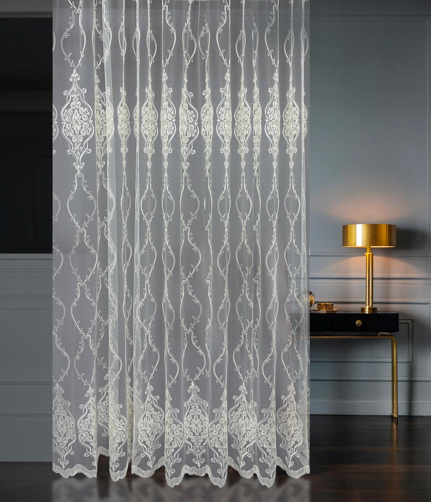 Elegant White Embroidered Sheer Lace Curtain Panel with Vintage Medallion Pattern