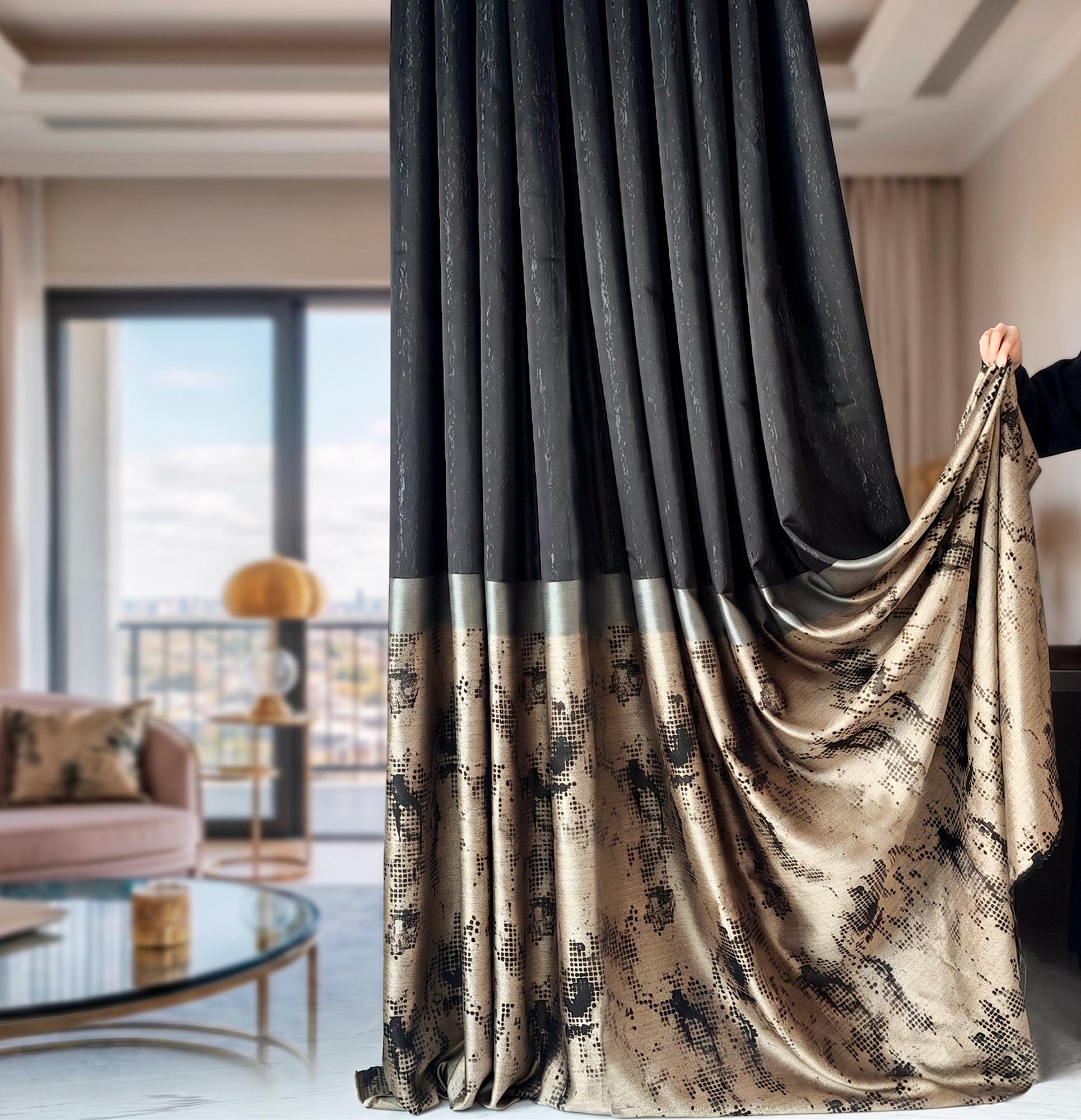 Two-Tone Black and Champagne Gold Curtain Panel with Modern Abstract Pattern