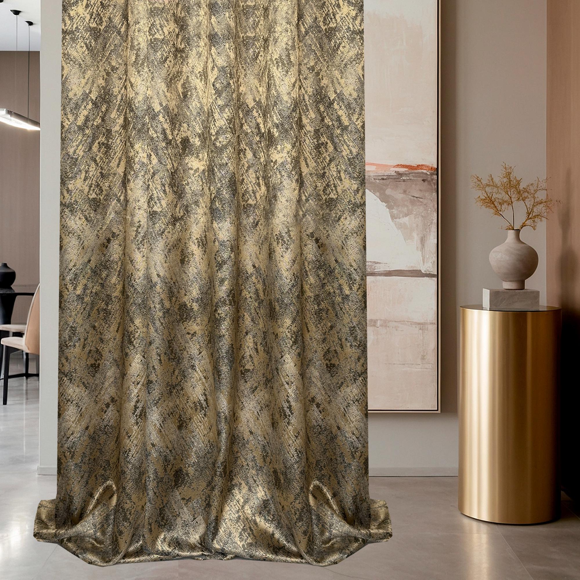 Gold Gray Abstract Textured Curtain Panel with Modern Metallic Marble Pattern