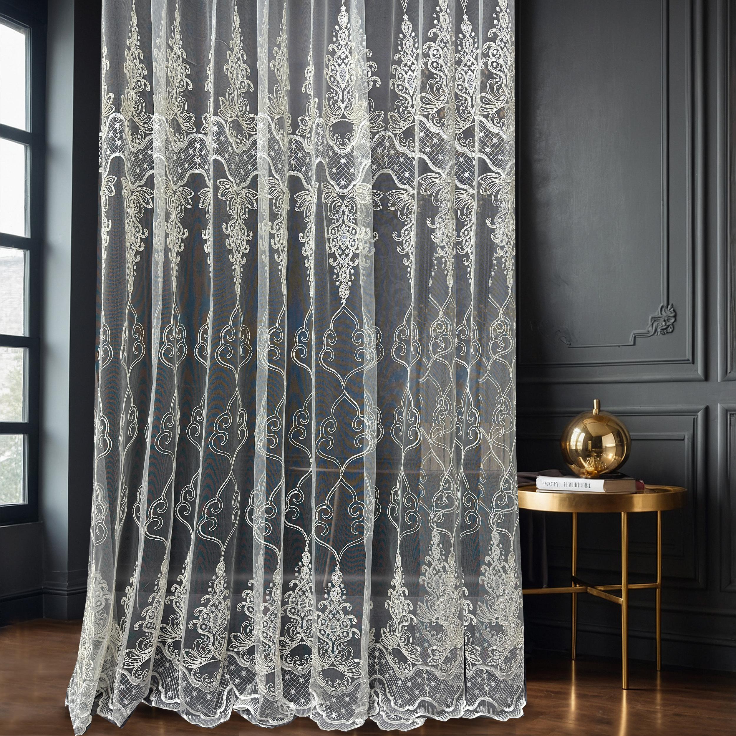 Elegant White Embroidered Sheer Lace Curtain Panel with Ornate Floral Scroll Design
