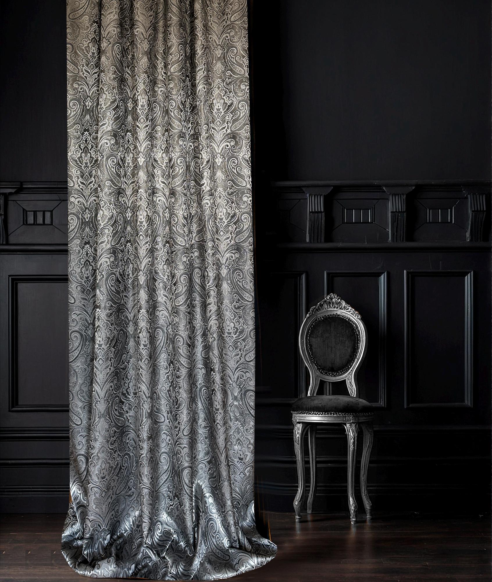 Silver Gray Paisley Damask Jacquard Curtain Panel with Elegant Floral Scroll Pattern