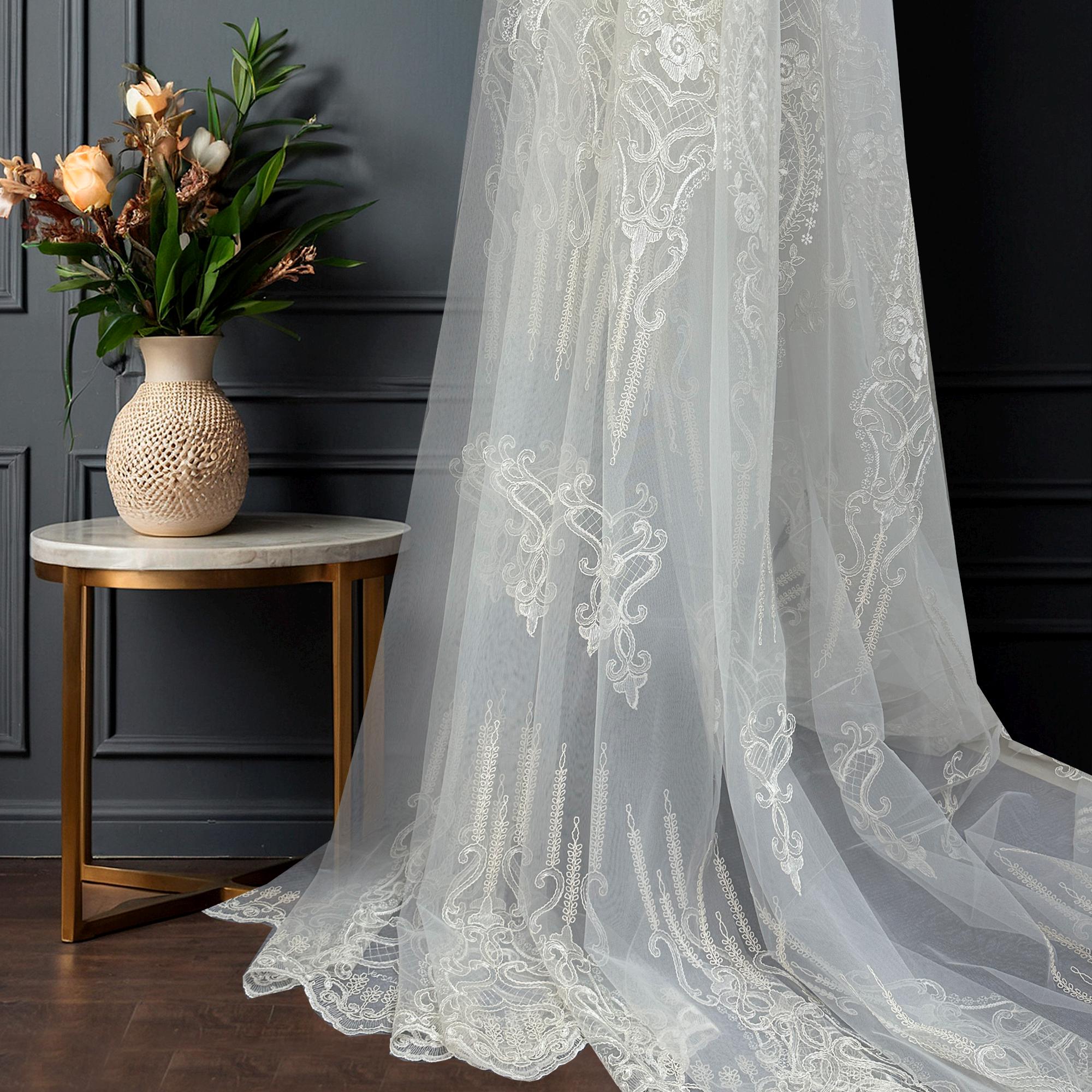 Elegant White Embroidered Sheer Lace Curtain Panel with Paisley Scroll Design