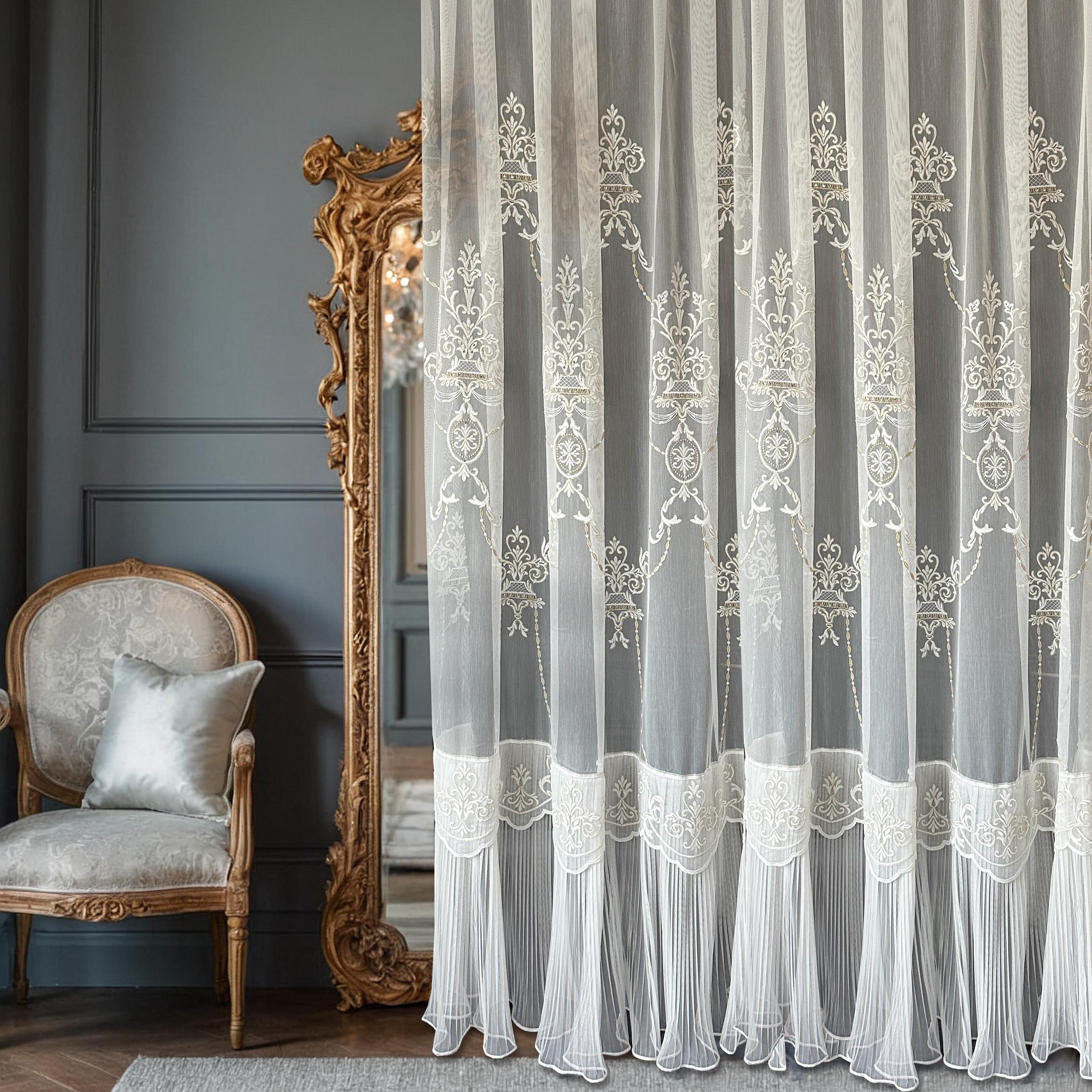 White Embroidered Sheer Lace Curtain Panel with Pleated Bottom and Scalloped Floral Border