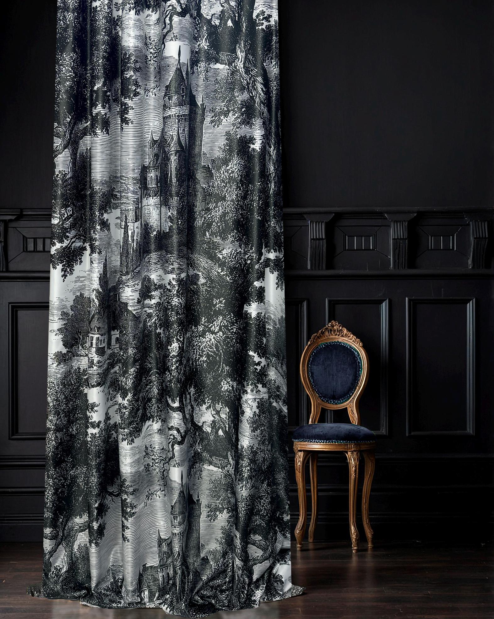 Black and White Castle Landscape Printed Curtain Panel with Vintage Toile Scenic Design
