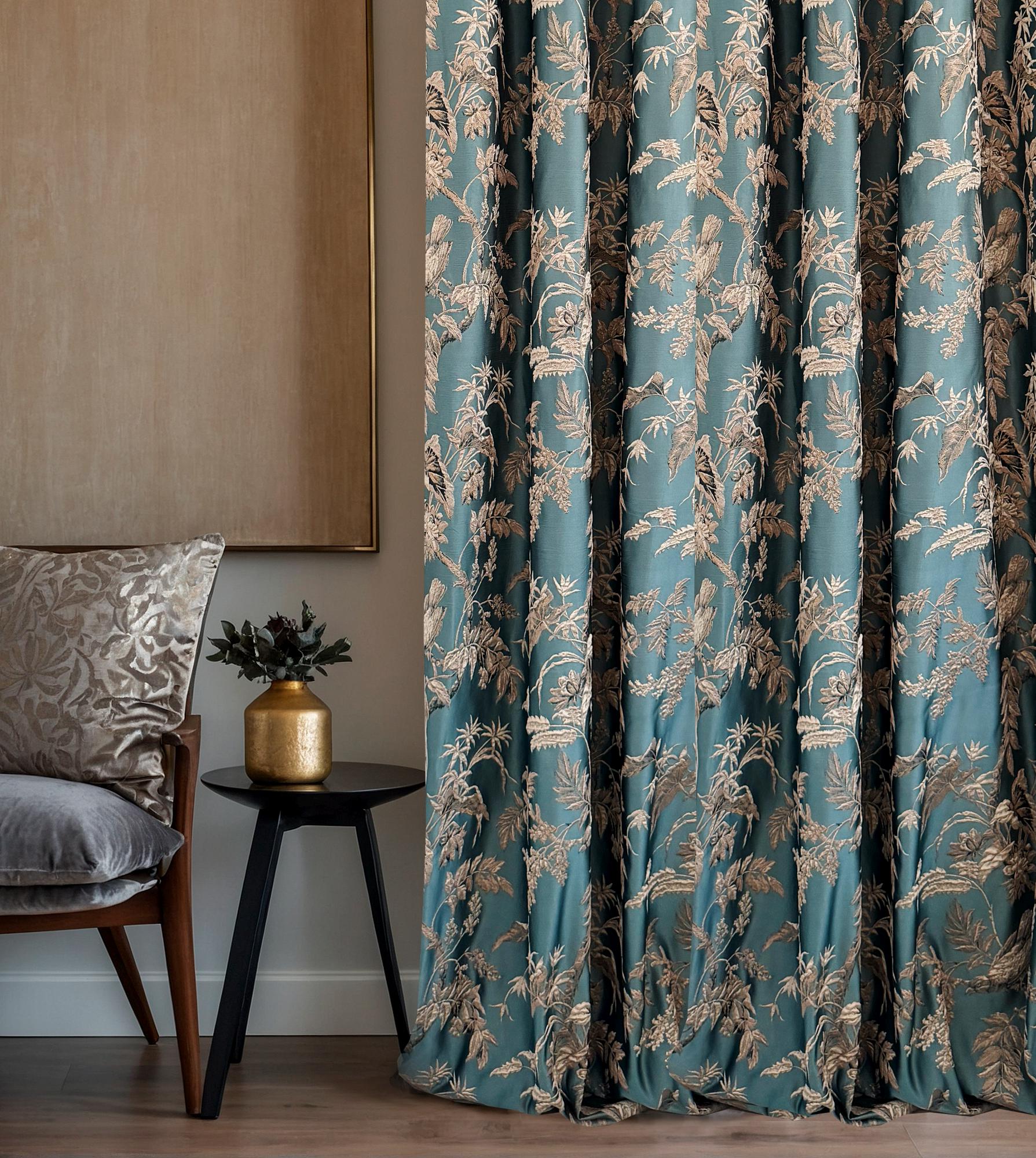 Teal Blue Bird and Botanical Printed Curtain Panel with Elegant Tropical Toile Pattern