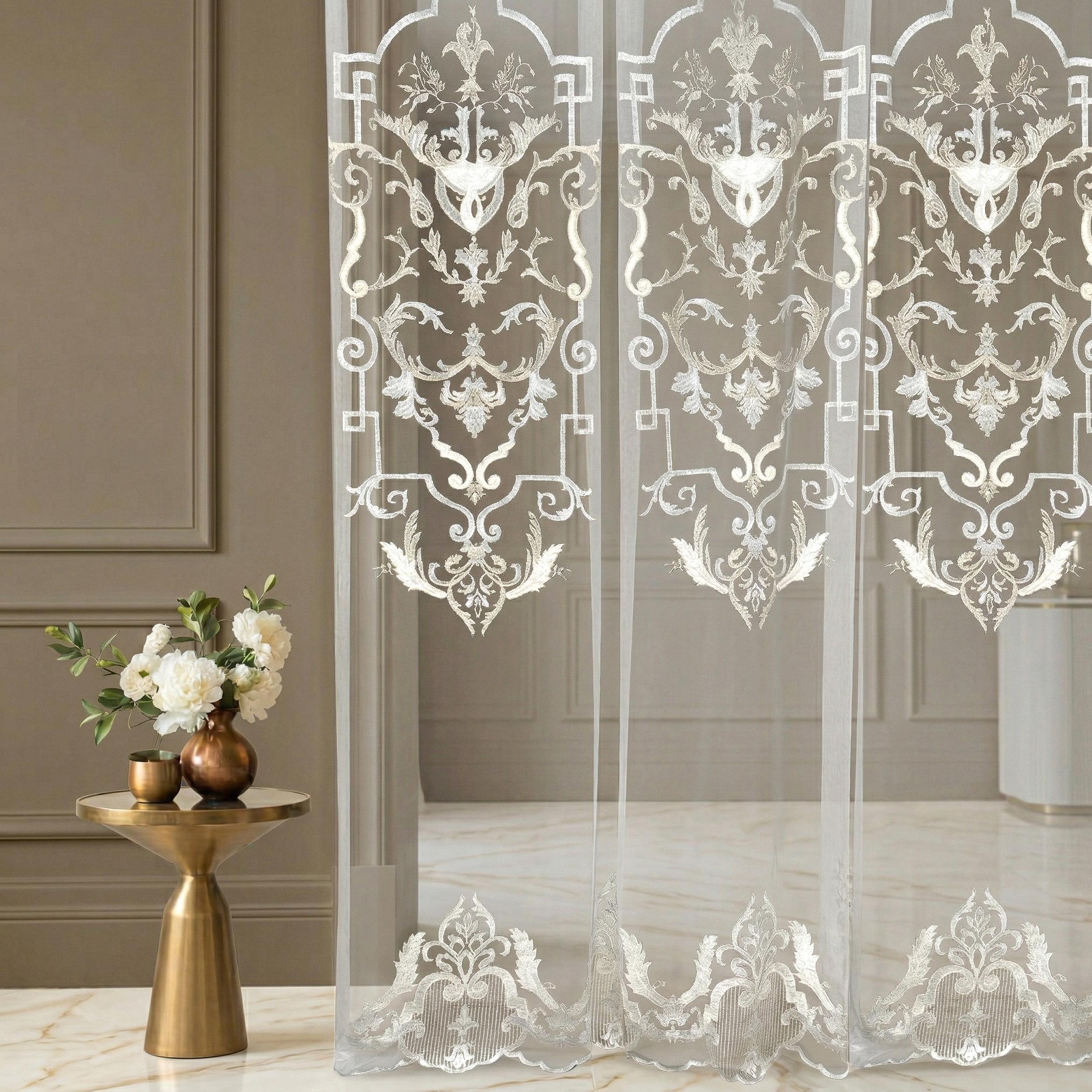 White Embroidered Sheer Lace Curtain Panel with Ornate Damask Medallion Design