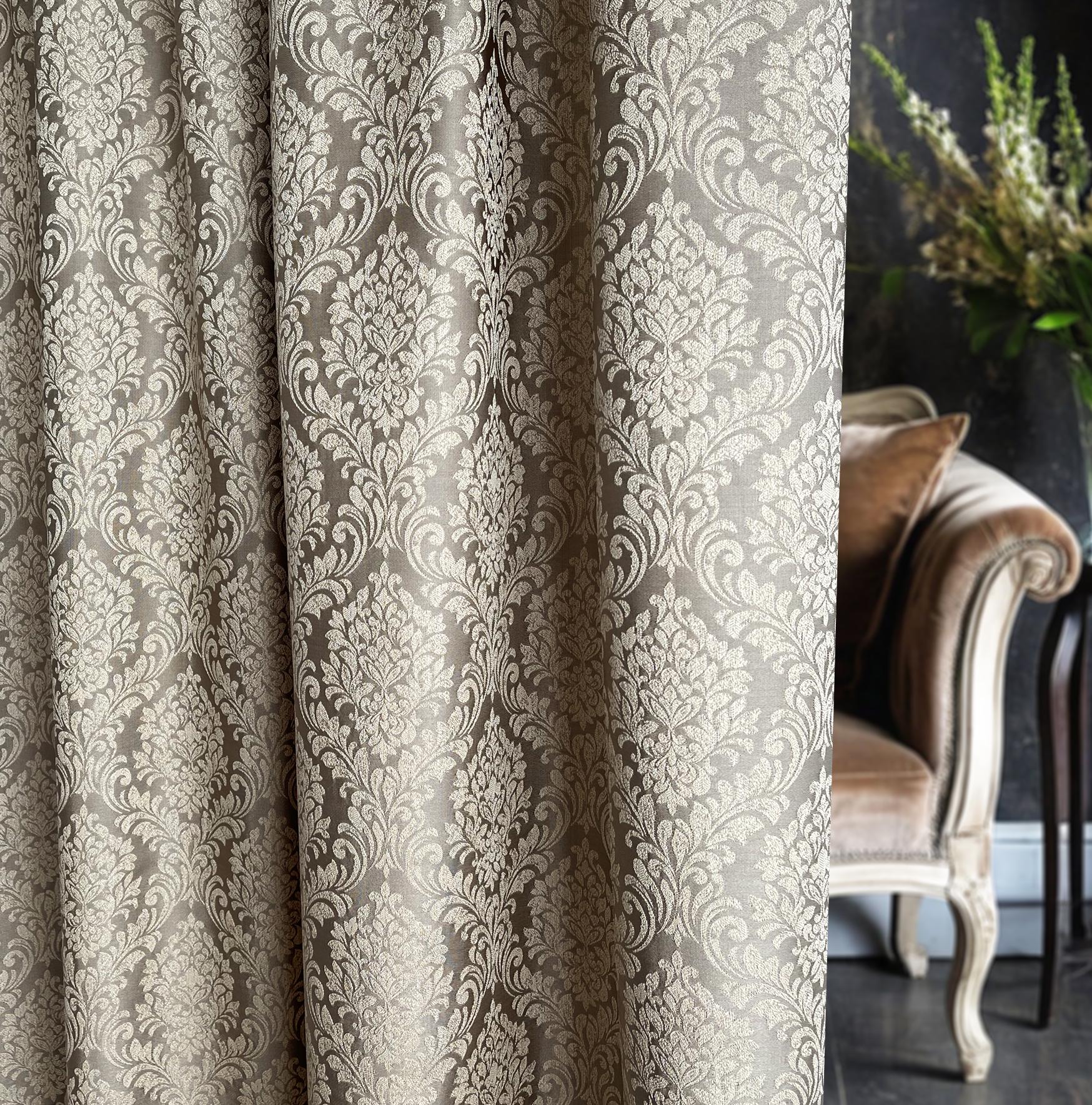 Champagne Taupe Damask Jacquard Curtain Panel with Subtle Ornate Floral Pattern