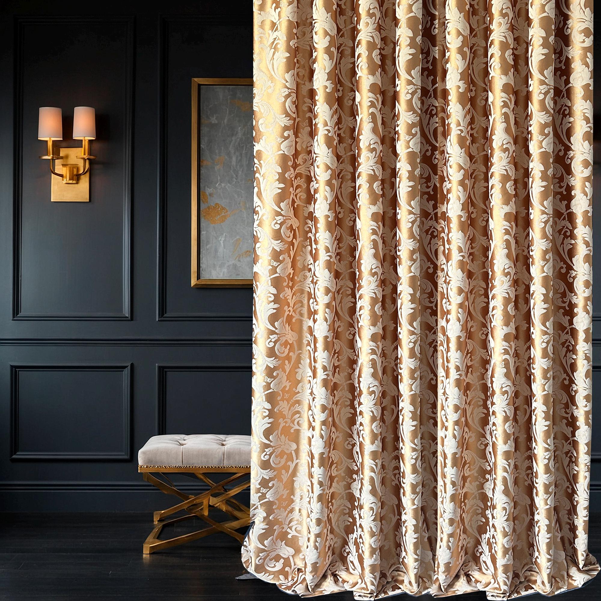 Gold Beige Floral Damask Curtain Panel with Elegant Jacquard Vine Pattern