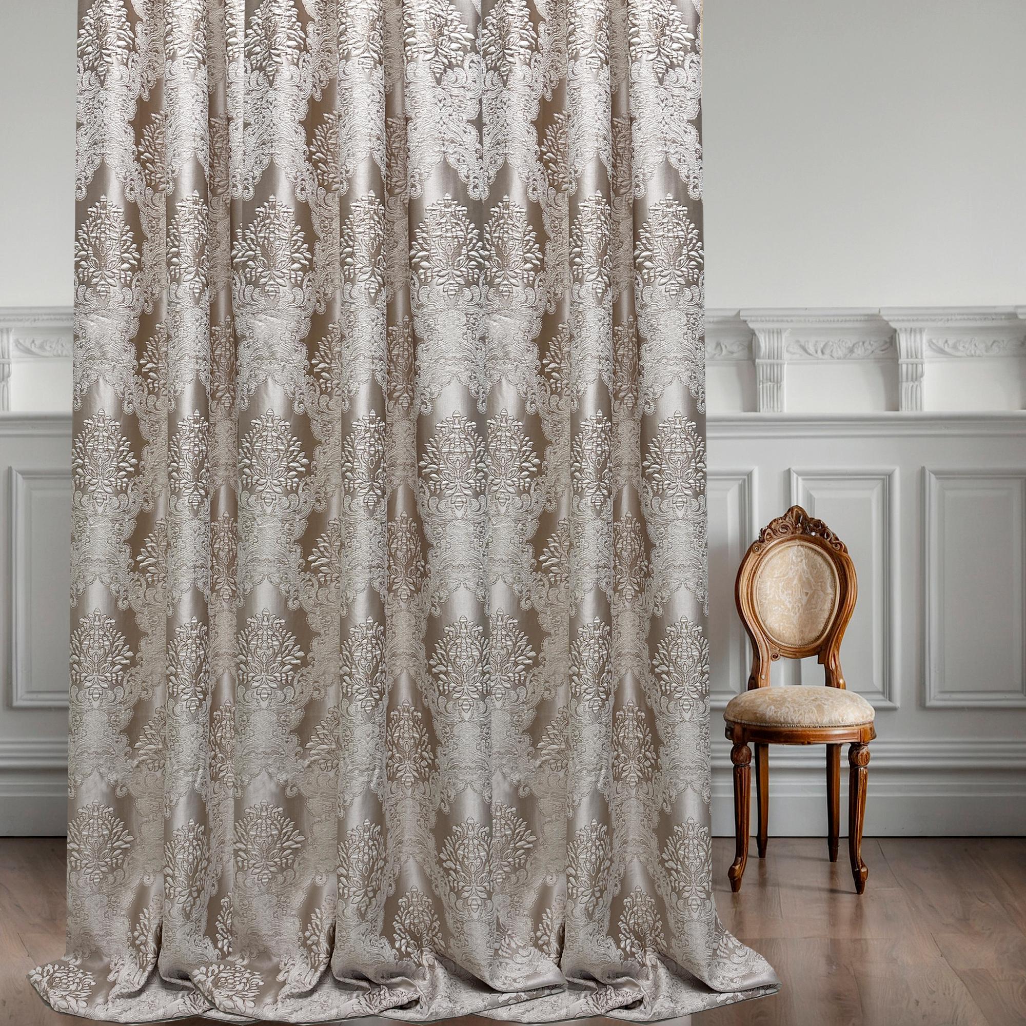 Luxury Beige and Silver Damask Jacquard Curtain Panel with Elegant Floral Medallion Pattern