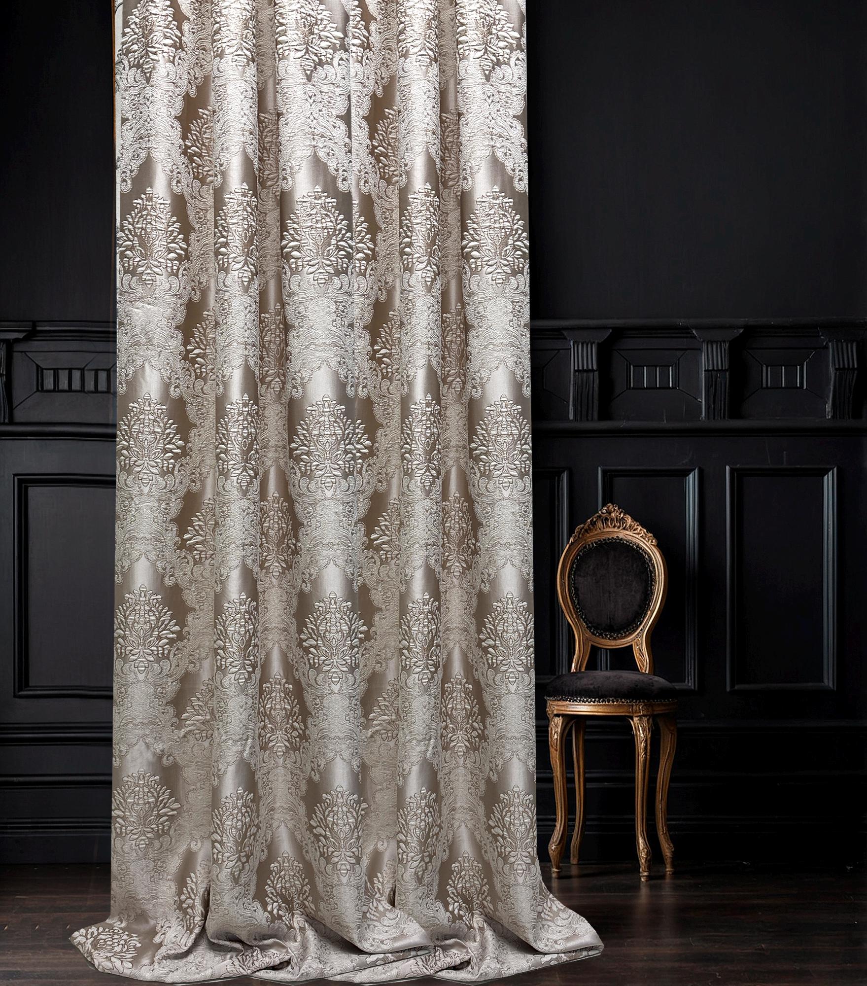 Luxury Beige Silver Damask Jacquard Curtain Panel with Classic Floral Pattern